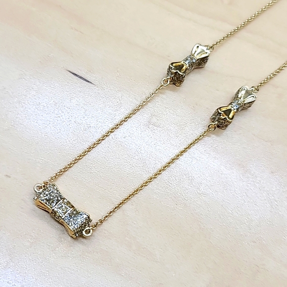 $158 Kate Spade "TAKE A BOW" Gold Stations XL Necklace w Cubic Zirconia Bows! - Picture 4 of 14